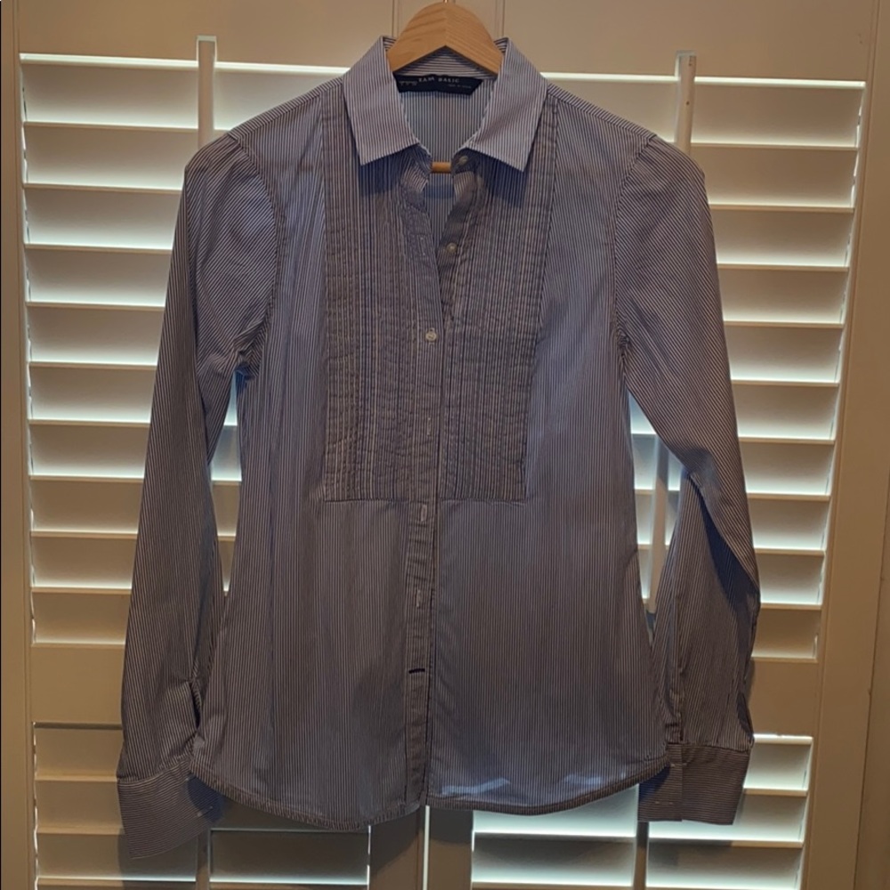 Blue pinstripe button down shirt